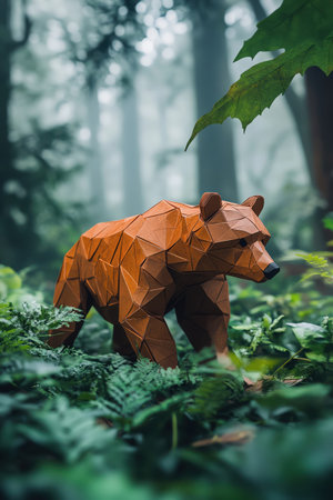 Origami brown bear walking through a misty forest, surrounded by lush greeneryの素材