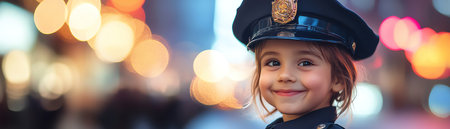 A joyful child in a police uniform, smiling brightly under city lights, embodying dreams of heroism and serviceの素材