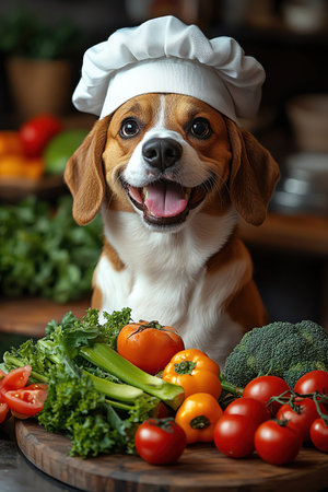 Cute dog chef in a kitchen, surrounded by fresh vegetables, wearing a white hat, vibrant colorsの素材