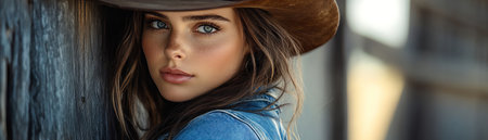 Girl in a cowboy hat, denim jacket, soft natural lighting, modern western styleの素材