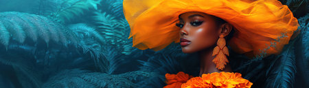 Woman in vibrant dress and hat in lush jungle, dramatic lighting, tropical and elegant atmosphereの素材