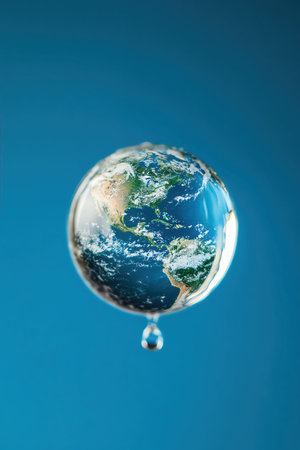 The Earth encapsulated in a crystalclear water droplet against a blue backgroundの素材