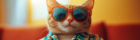 Cat in sunglasses and Hawaiian shirt, striking a fun poseの素材
