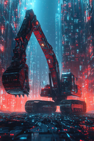 Futuristic excavator in a glowing red and blue digital worldの素材