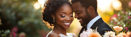 Smiling bride and groom holding flowers, soft lighting, joyful and intimate momentの素材