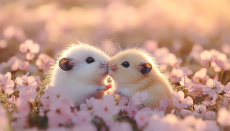 Two tiny hamsters share a kiss in a field of pink flowers, bathed in soft, golden lightの素材