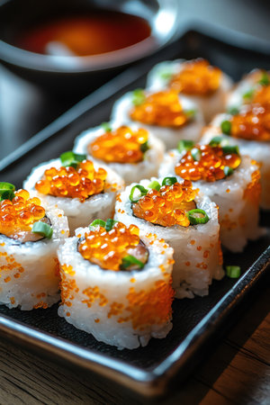 Sushi rolls topped with gleaming orange fish roe and green onionsの素材