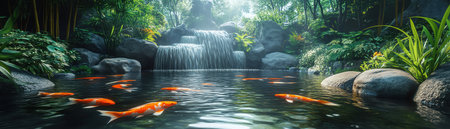 Zen garden with koi pond, bamboo surroundings, and gentle waterfallの素材