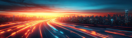Highway with colorful light trails, digital data walls, futuristic night sceneの素材