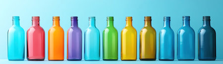 A row of colorful glass bottles against a blue background, showcasing different vibrant huesの素材