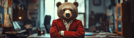 Bear in a sharp red suit standing confidently in an officeの素材