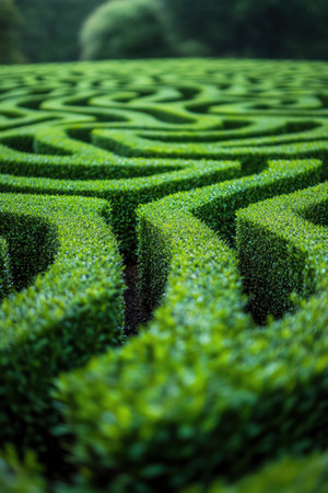 Intricate green hedge maze, dewy and mysteriousの素材