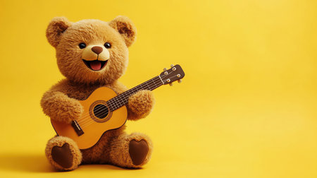 Happy bear playing a guitar, yellow backgroundの素材
