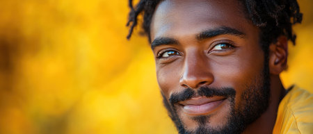 Man in yellow shirt laughing confidently, bright yellow backgroundの素材