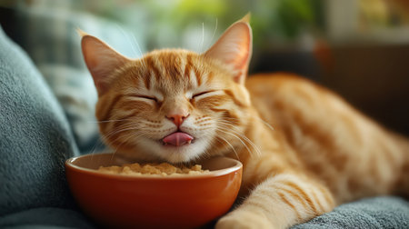 Chubby cat with a full bowl, licking its lipsの素材