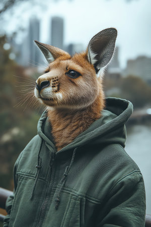 A kangaroo in a hoodie posing confidently on a city bridge, modern skyline in the background, under overcast skiesの素材