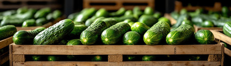 Fresh cucumbers in wooden crates, perspective shot down a warehouse aisle, natural light highlighting vibrant greenの素材