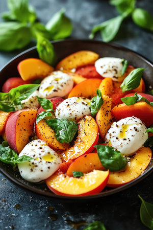 Fresh peach and mozzarella salad with basil leaves, vibrant colors, closeup shot, natural lightingの素材