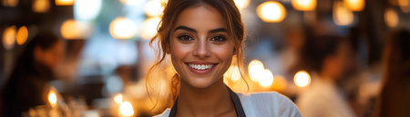 Smiling waitress in a stylish restaurant holds a tray of gourmet food, warm lighting creating an inviting atmosphereの素材
