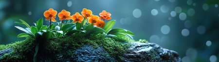 Vibrant orchids blooming on a mossy rock, surrounded by mist in a tropical rainforestの素材