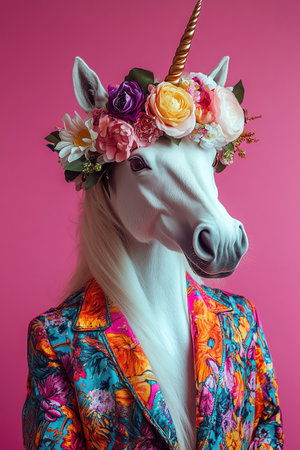 Unicorn in a floral crown and colorful suit, vibrant pink backgroundの素材