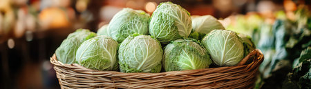 Closeup of cabbage heads in a wicker basket at a market, illuminated by warm natural lightの素材