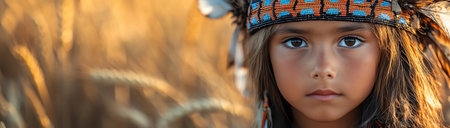 Children in traditional indigenous attire, wearing feather headdresses, focused, with a backdrop of golden wheat fieldsの素材