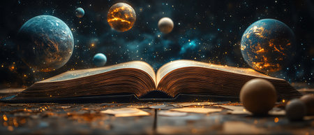 Open book with planets floating above it, depicting a magical journey through the universeの素材