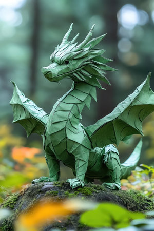Origami dragon in vibrant green, soft natural lighting, minimalist background, mythical eleganceの素材