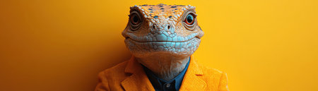 A dinosaur in a bright yellow suit, posing confidently with a fierce expression, on a matching yellow backgroundの素材