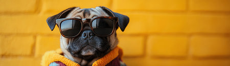Pug wearing sunglasses and a colorful jacket against a bright yellow wall, exuding a cool and playful attitudeの素材