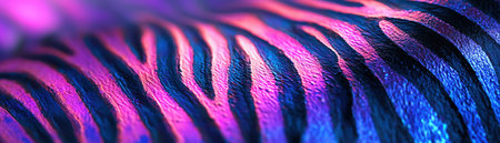 A closeup of neon zebra stripes in vivid blue, purple, and pink tones, creating a striking, futuristic textureの素材
