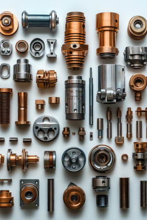 Metal parts arranged on white, sharp overhead view, bright lighting emphasizes detailの素材