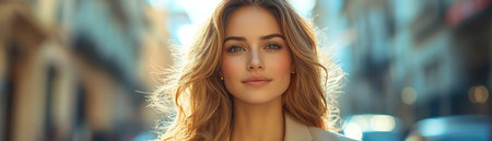 Stylish woman in beige suit, walking confidently in busy city, urban eleganceの素材