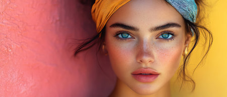 Woman with graphic headband, geometric colorful backdrop, striking fashion editorial lookの素材