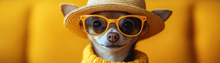 Chihuahua in yellow sunglasses and straw hat, yellow backdrop, stylish and playfulの素材