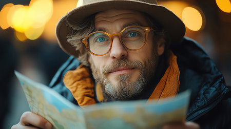 Traveler in a hat and glasses, happily reading a map, enjoying his journeyの素材