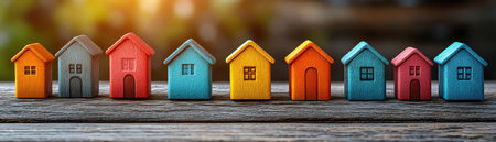 Wooden houses and colorful bars representing real estate trendsの素材