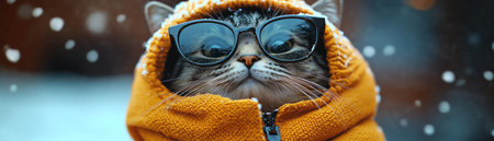 A cat dressed for winter in an orange jacket and cool shadesの素材