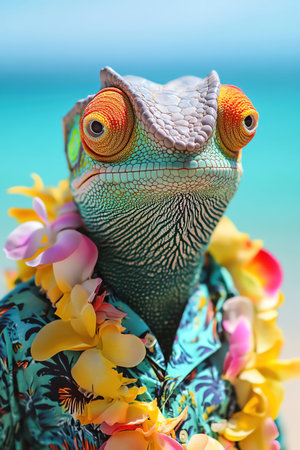 Chameleon wearing a lei and Hawaiian shirt, bright beach backdrop, closeup, relaxed and colorful sceneの素材