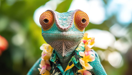 A chameleon wearing a Hawaiian shirt and lei, enjoying a tropical vacation at the beachの素材