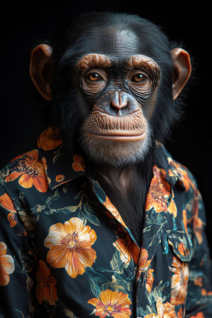 Chimpanzee in a vibrant floral shirt, gazing seriously, black backgroundの素材