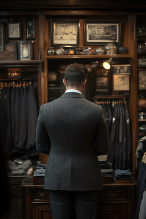 Man selecting a suit in a dimly lit, elegant storeの素材