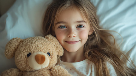 Smiling young girl in a hospital bed, hugging a plush toy, soft light, comforting atmosphere, health and recoveryの素材