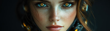 Steampunk woman in detailed mechanical attire, dramatic lighting, dark moody backgroundの素材