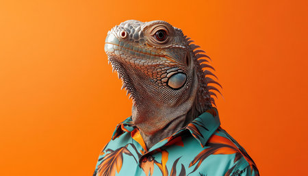 Iguana wearing a tropical shirt, standing confidently against an orange background, humorous and surreal vibeの素材