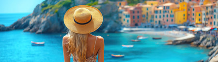 Woman in a sunhat admiring a coastal Italian townの素材