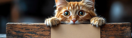 A cat holds a blank card, ready to deliver your messageの素材