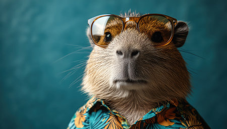 Capybara wearing sunglasses and a tropical shirt, set against a bright blue background, quirky and funの素材