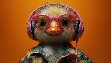 Goose with pink sunglasses and headphones, dressed in a tropical shirt, bright orange backdropの素材